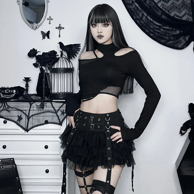 Gothic Ruffles Mesh Splice Buckles Mini Skirt