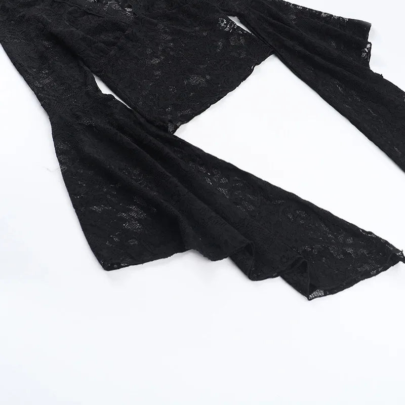 Gothic Vampire V-Neck Chain Beads Lace Bell Sleeves Top