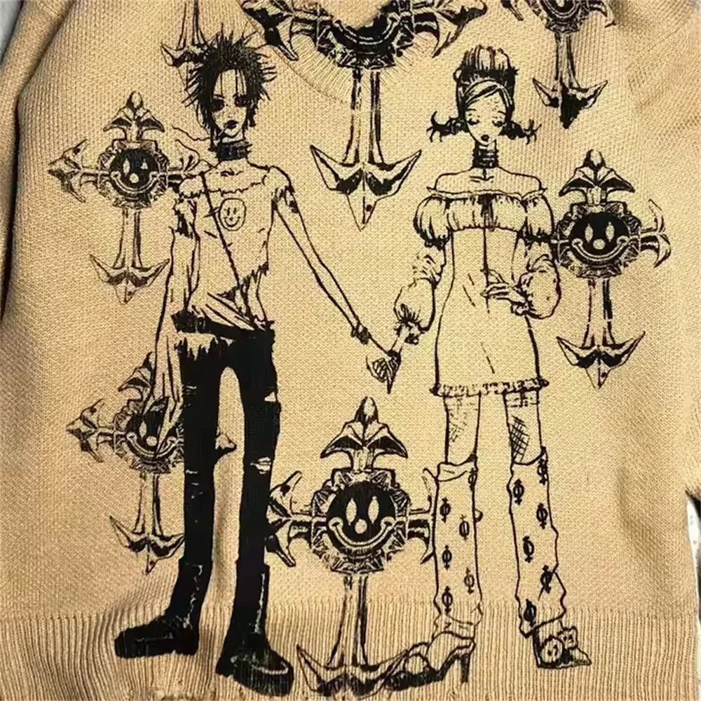 Gothic Harajuku Japanese Anime Girl Oversized Knitted Pullover V-Neck Sweater Top