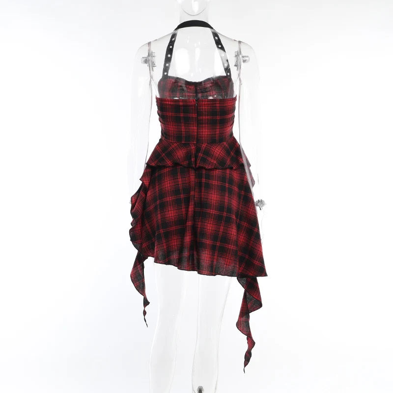 Gothic Grunge Y2K Red Plaid Irregular Hem Halter Mini Dress