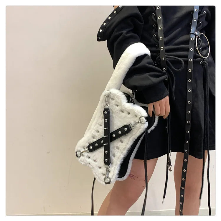 Gothic Alt Goth Y2K Bone Plush Studded Crossbody Shoulder Bag (available in 2 colors)