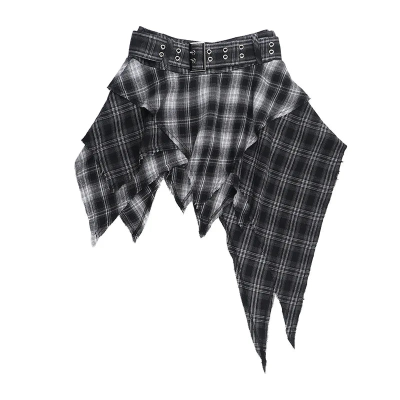 Gothic Grunge Alt Goth Harajuku Black White Plaid Irregular Hem Mini Skirt