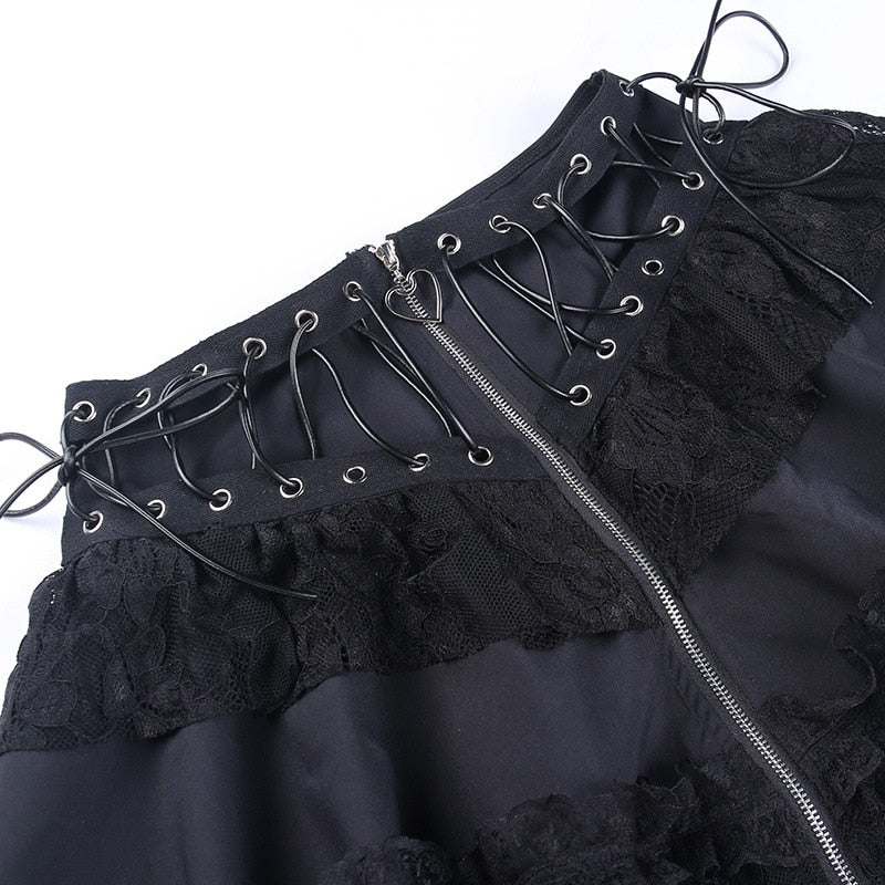 Gothic Lace Patchwork Grommet Zip Up Mini Skirt