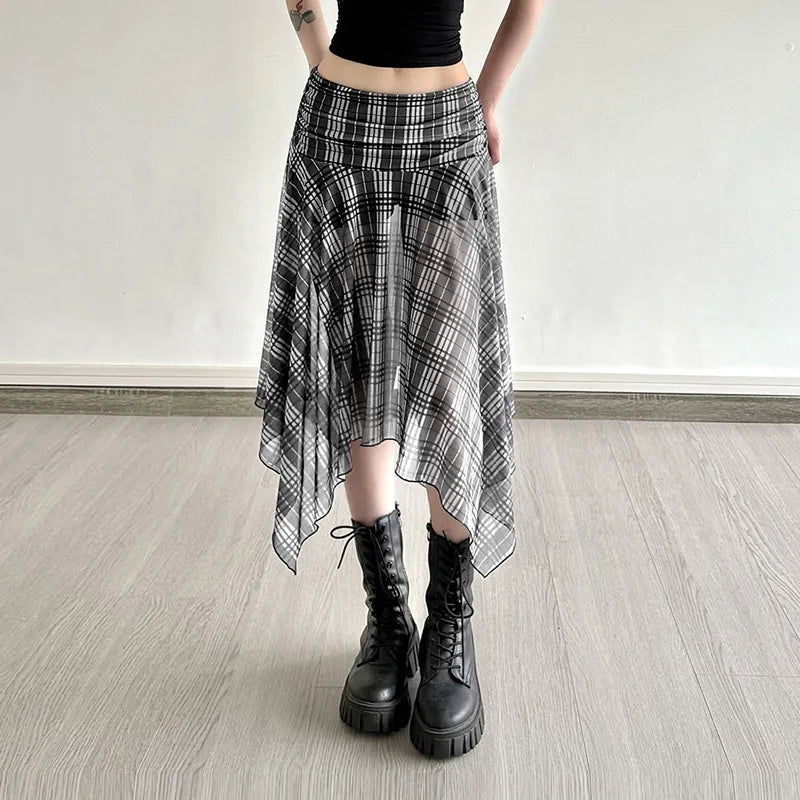 Gothic Alt Goth Grunge Y2K Plaid Mesh Patchwork Irregular Hem Midi Skirt