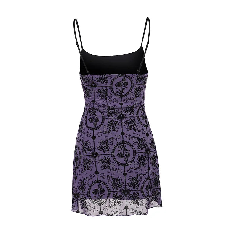 Gothic Alt Y2K Purple Sling Strap Sheer Mini Dress