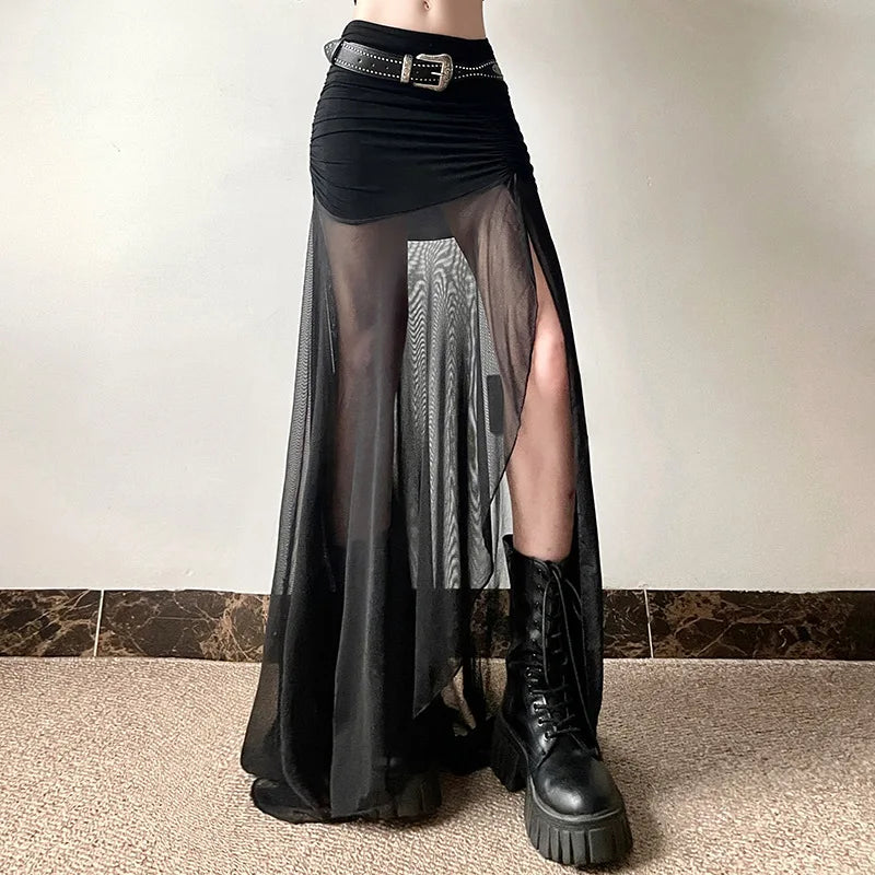 Gothic Alt Goth High Waist Mesh Patchwrok High Slit Long Skirt