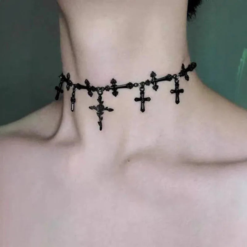 Gothic Alt Goth Chain Cross Choker Necklace