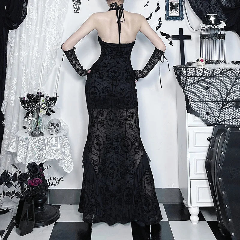 Gothic Romantic Goth Vintage Mesh Patchwork Halter Trumpet Dress