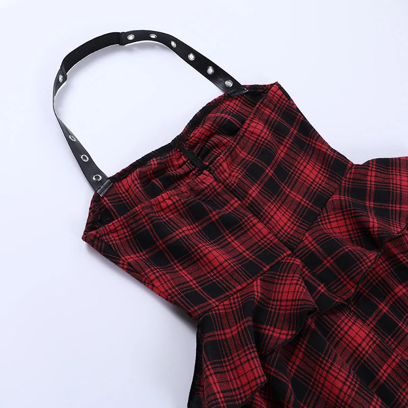 Gothic Grunge Y2K Red Plaid Irregular Hem Halter Mini Dress