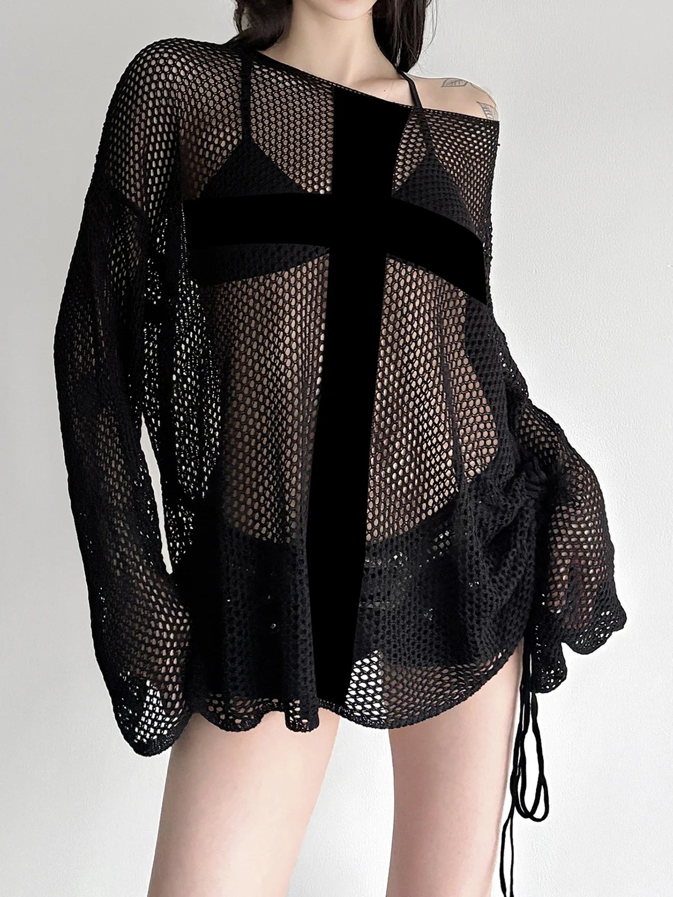 Gothic Y2K Alt Goth Punk Fishnet Mesh Cross Patchwork Long Sleeve Cover Up Top