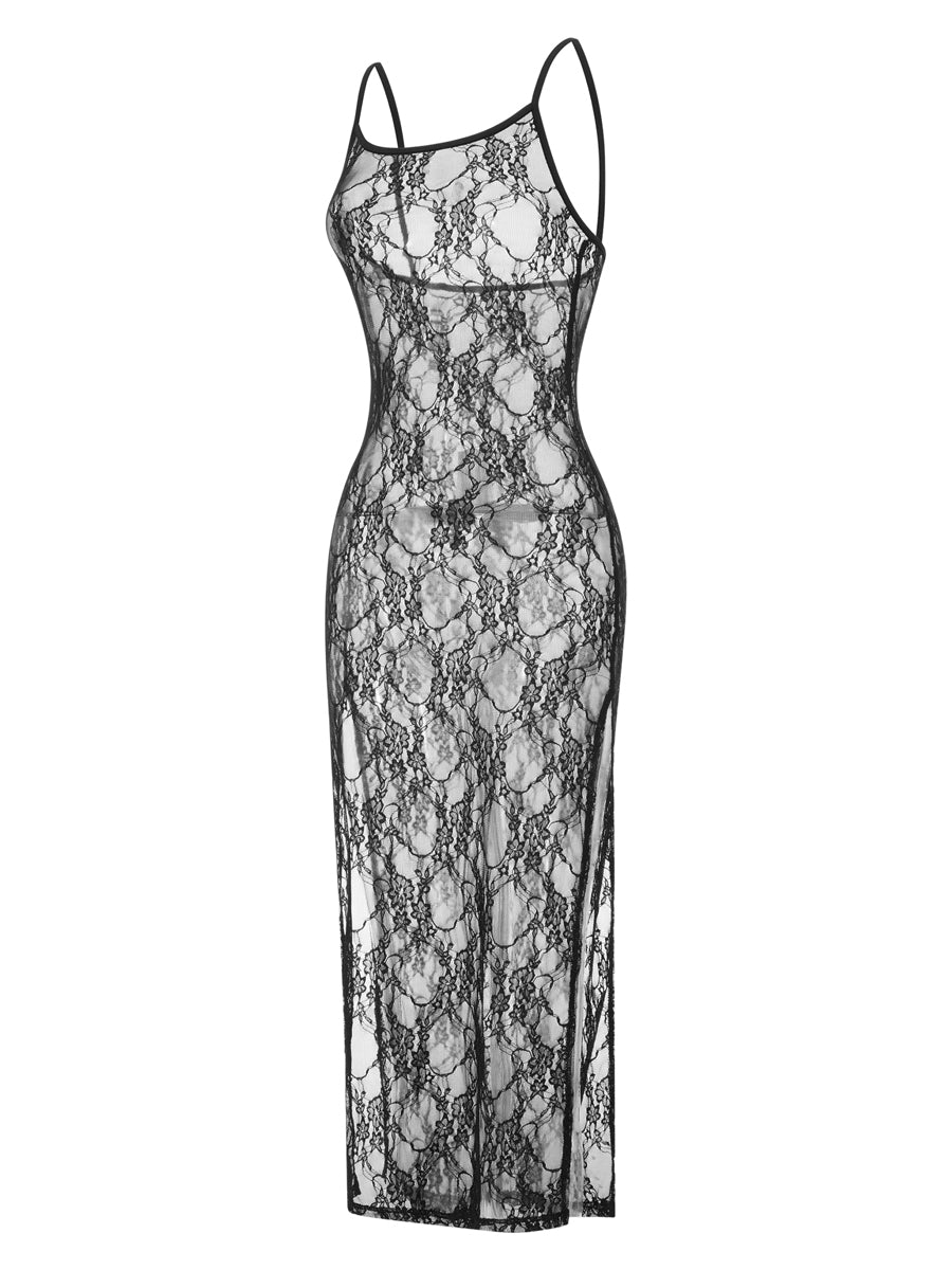 Gothic Romantic 90s Goth Black Lace See Through Spaghetti Strap Long Bodycon Dress