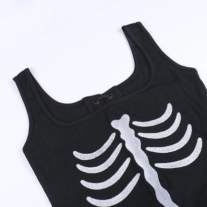 Gothic 90's Goth Skeleton Print Lace Up Back Tank Top