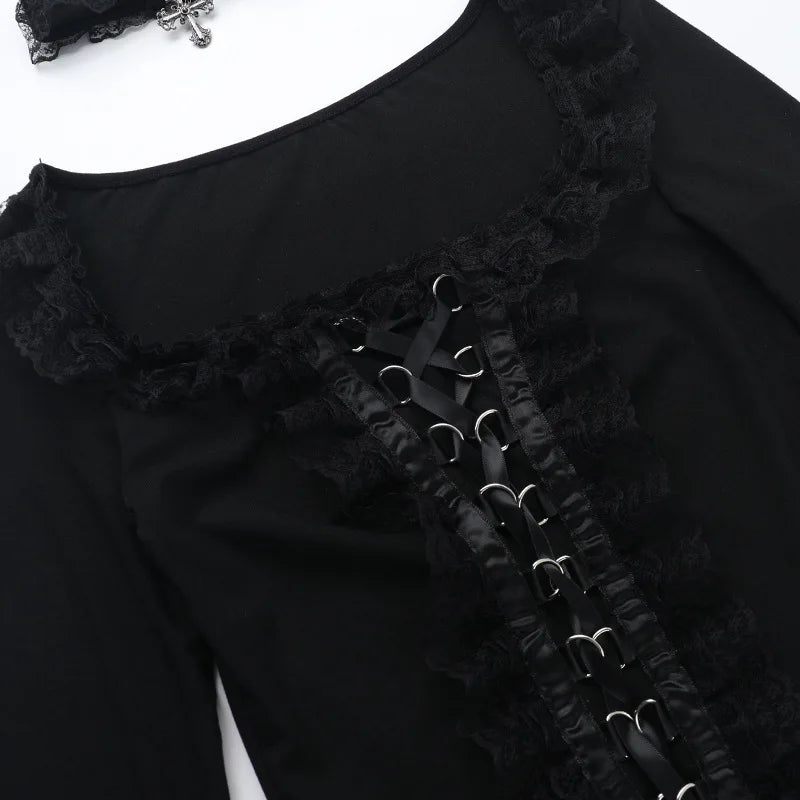Gothic Romantic Goth Lace Ruffles Patchwork Square Collar Long Sleeve Top