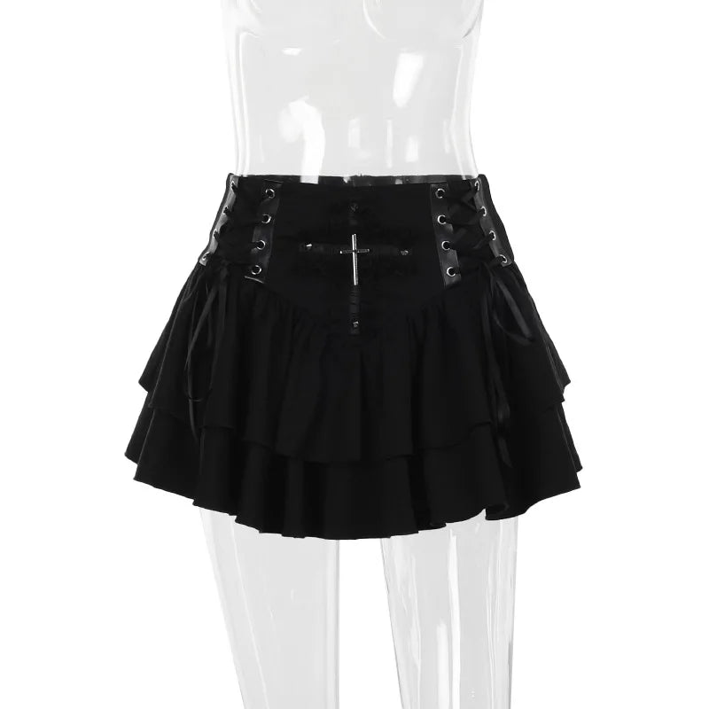 Gothic Alt Cross Patchwork Lace Up Pleated Mini Skirt