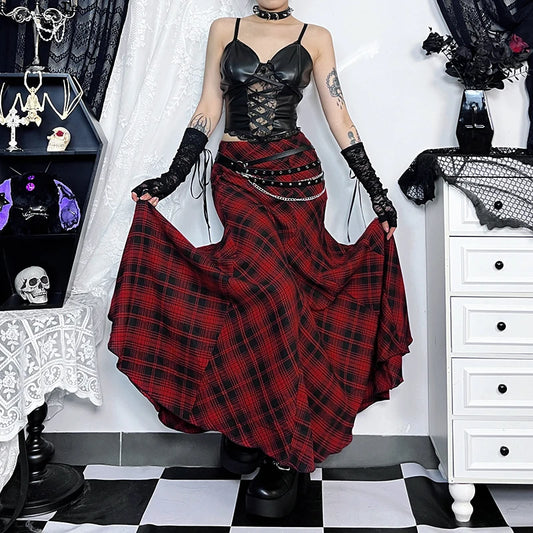 Gothic Grunge Y2K Red Plaid Fishtail Long Skirt