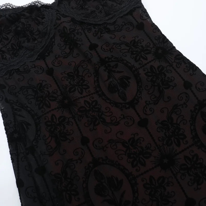 Gothic Alt Goth Dark Vintage Sheer Overlay Spaghetti Strap Dress