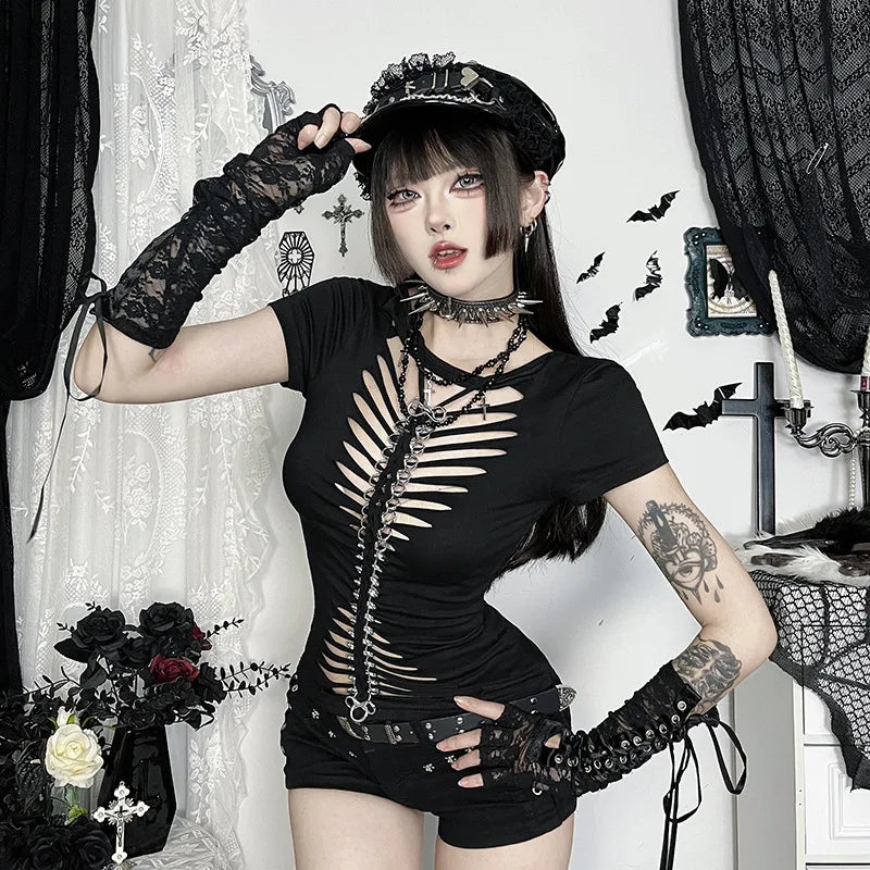 Gothic Alt Punk Goth Hollow Out Bone Chain Short Sleeve Top