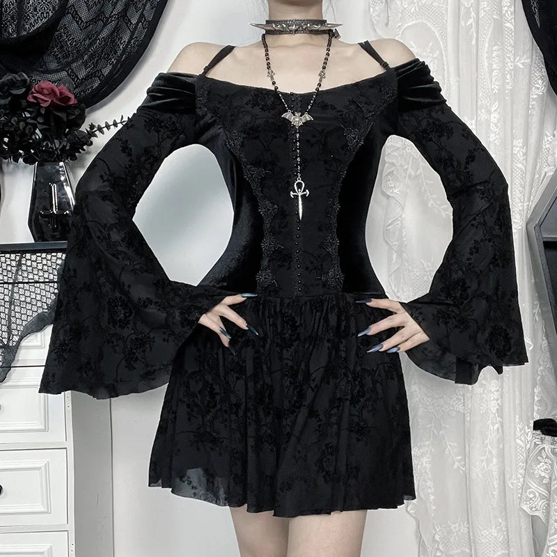 Gothic Vampire Goth Off Shoulder Velvet Sheer Flare Sleeves Mini Dress