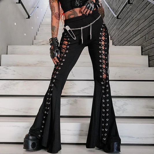 Gothic 90's Goth Y2K  Hollow Out Lace Up Flare Pants