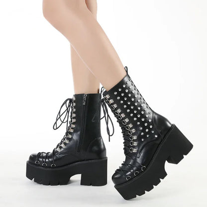 Gothic Spikes Rivets Lace Up Platform Boots