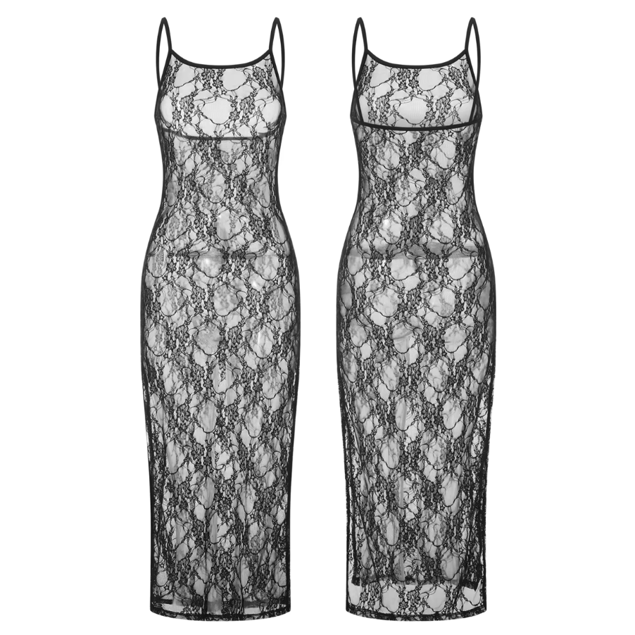 Gothic Romantic 90s Goth Black Lace See Through Spaghetti Strap Long Bodycon Dress