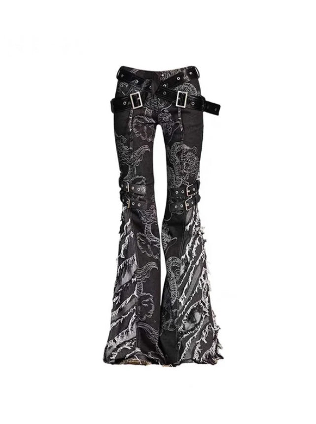 Gothic Y2K Harajuku Goblin Low Rise Distressed Flare Pants