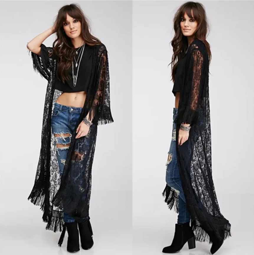 Gothic Wiccan Bohemian Boho Black Lace Tassel Kimono Cardigan