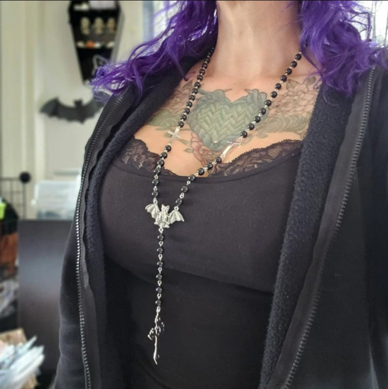 Gothic Bat Cross Rosary Necklace