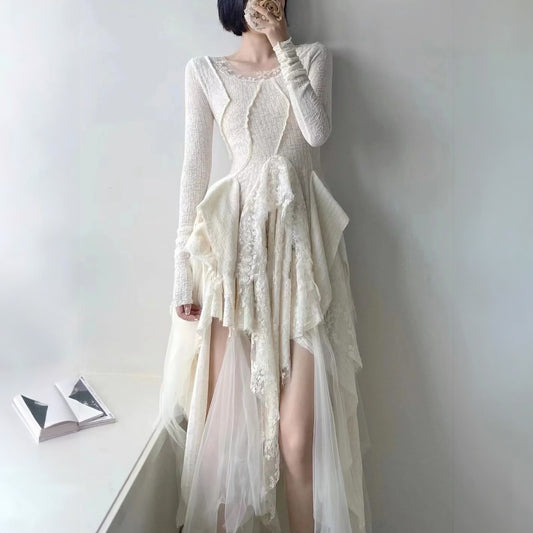 Gothic Whimsigoth Romantic Vintage Elegant Lace Irregular Splicing Dress