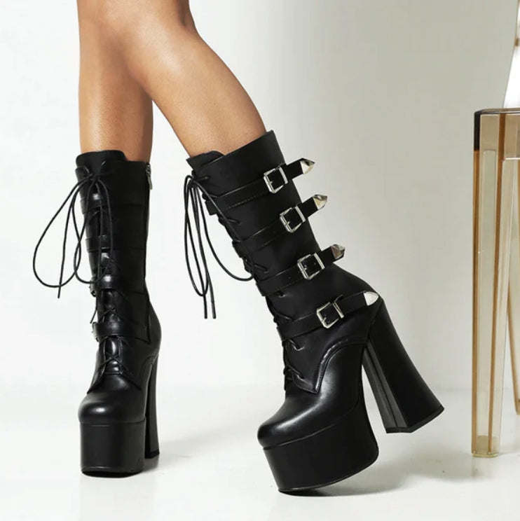 Gothic Lace Up Buckled Platform Heels Boots