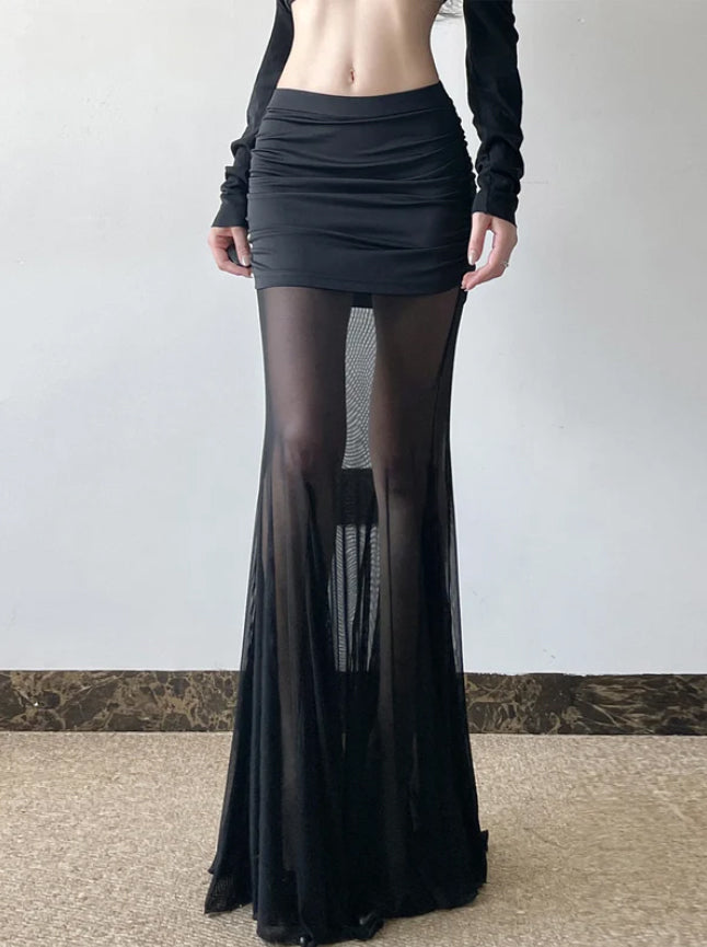 Gothic Alt Goth High Waist Mesh Patchwrok Long Skirt