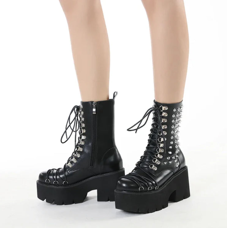 Gothic Spikes Rivets Lace Up Platform Boots