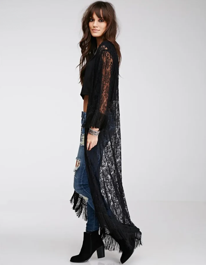 Gothic Wiccan Bohemian Boho Black Lace Tassel Kimono Cardigan