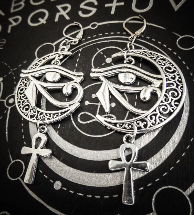 Gothic Egyptian Eye of Ra Ankh Moon Earrings