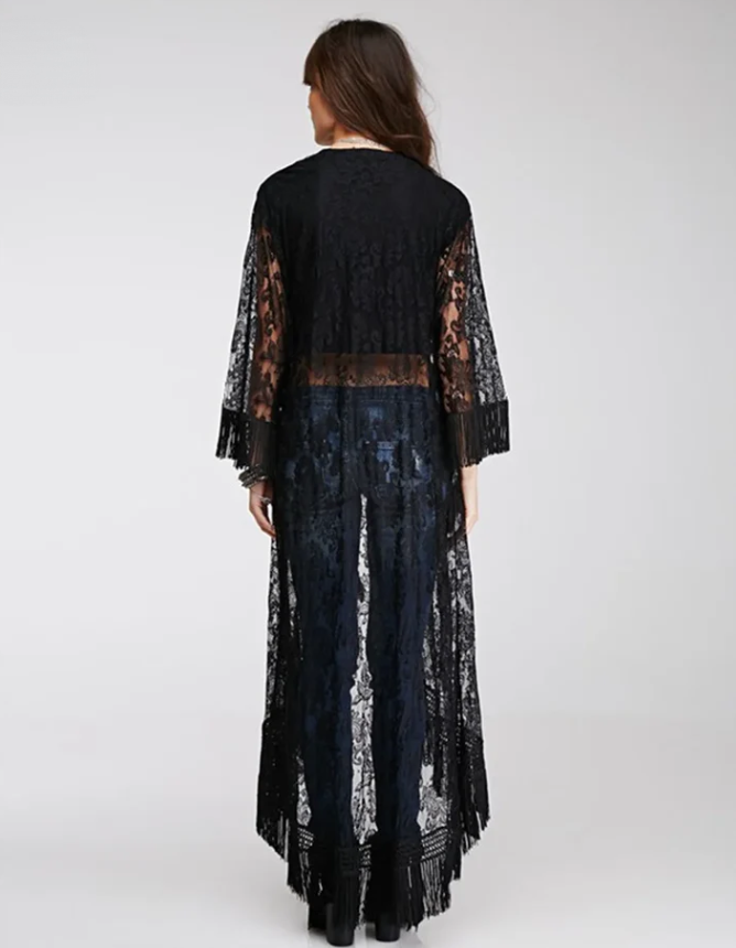 Gothic Wiccan Bohemian Boho Black Lace Tassel Kimono Cardigan