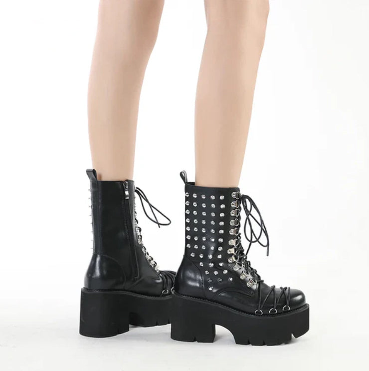 Gothic Spikes Rivets Lace Up Platform Boots