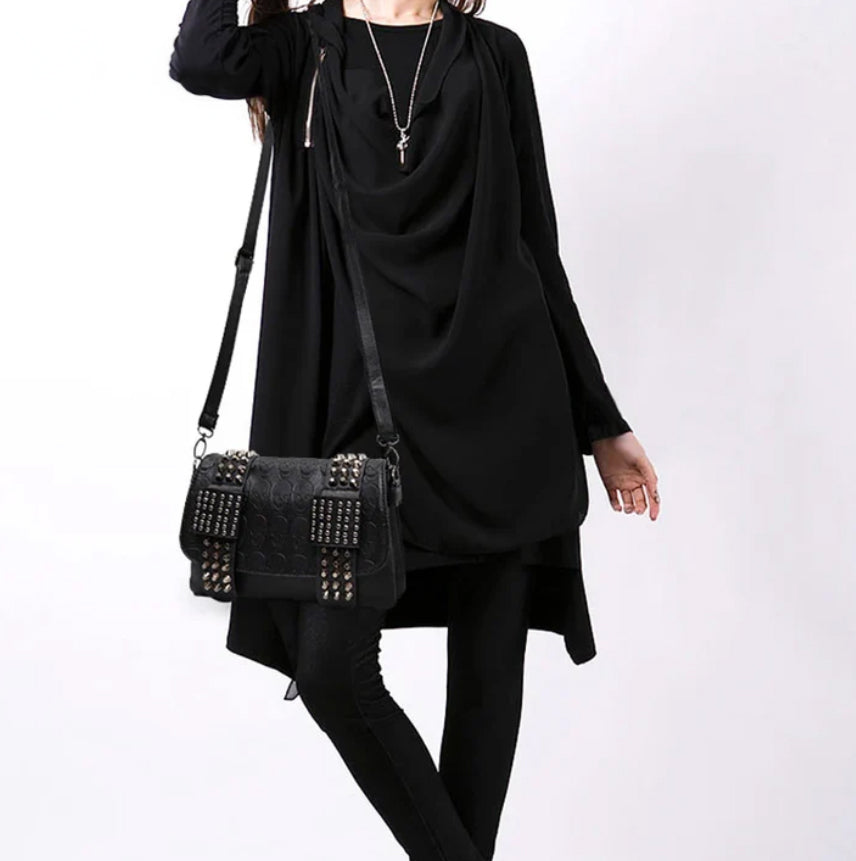 Gothic Punk Alt Goth Rivet Studs Skulls Black Faux Leather Messenger Bag