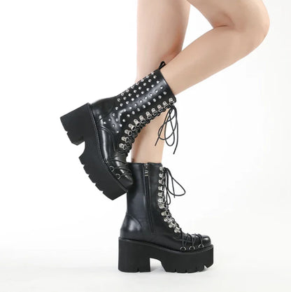Gothic Spikes Rivets Lace Up Platform Boots