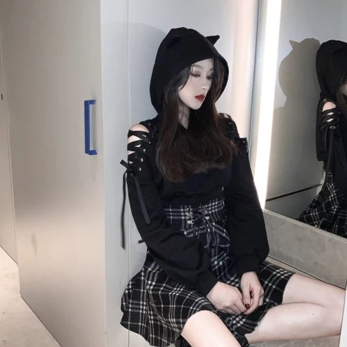 Gothic Harajuku Black White Lace Up Plaid Mini Skirt