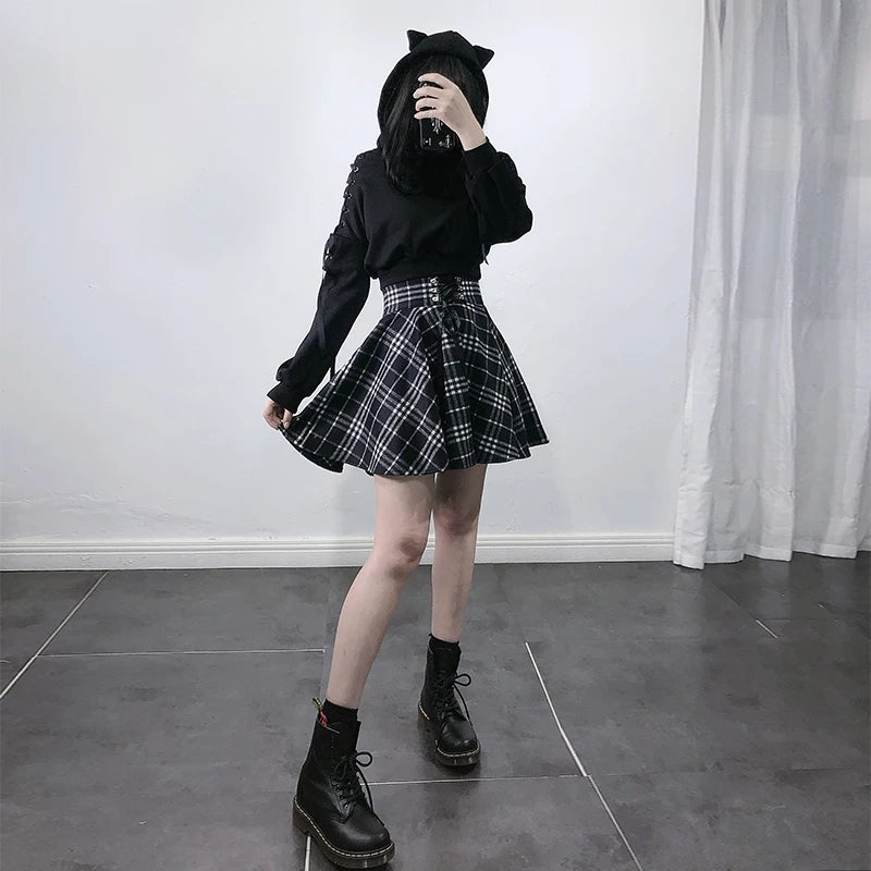 Gothic Harajuku Black White Lace Up Plaid Mini Skirt