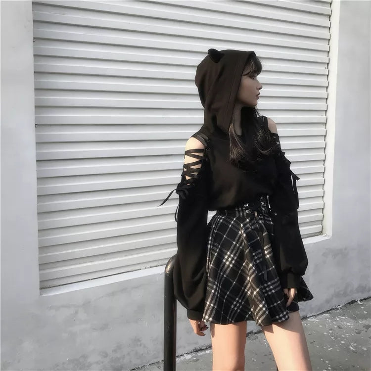 Gothic Harajuku Black White Lace Up Plaid Mini Skirt