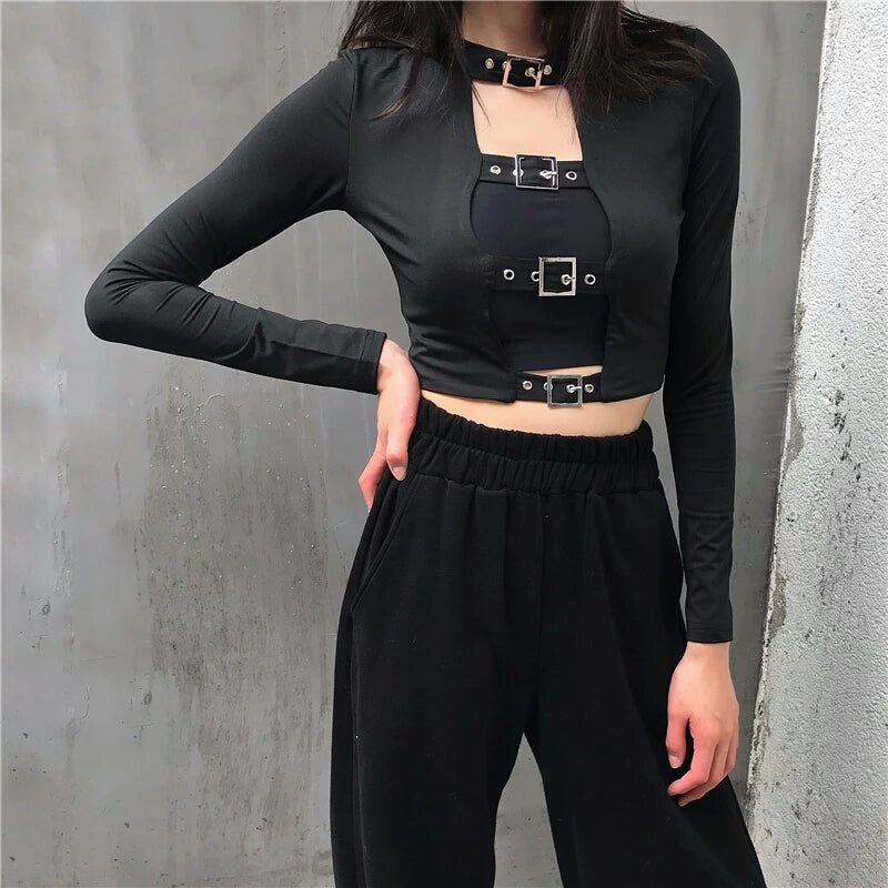 Gothic Buckle Hollow Out Front Long Sleeve Crop Top