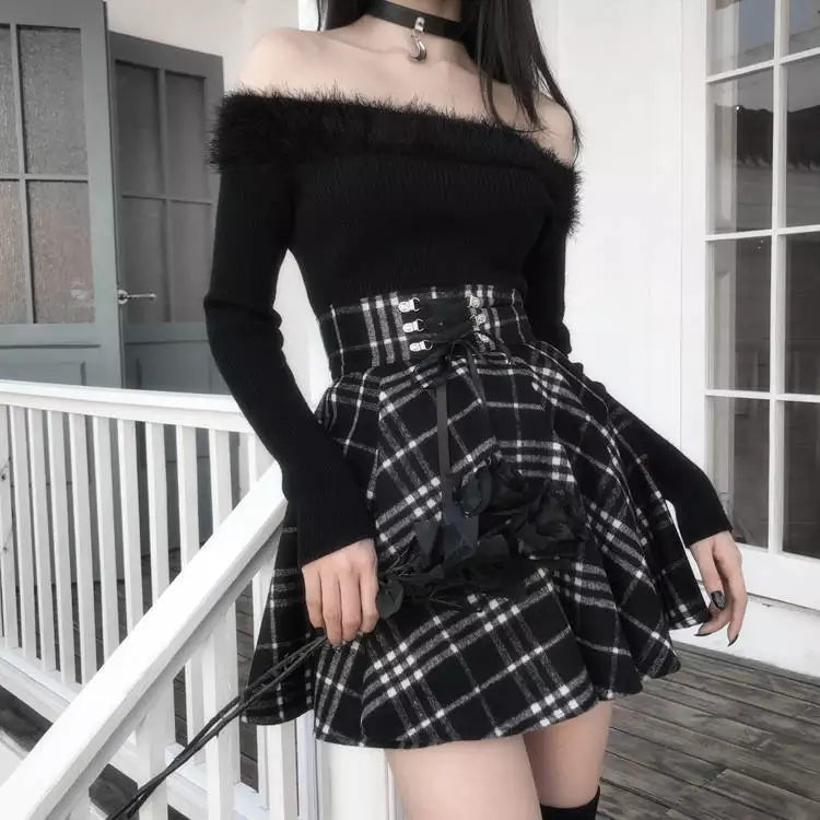 Gothic Harajuku Black White Lace Up Plaid Mini Skirt