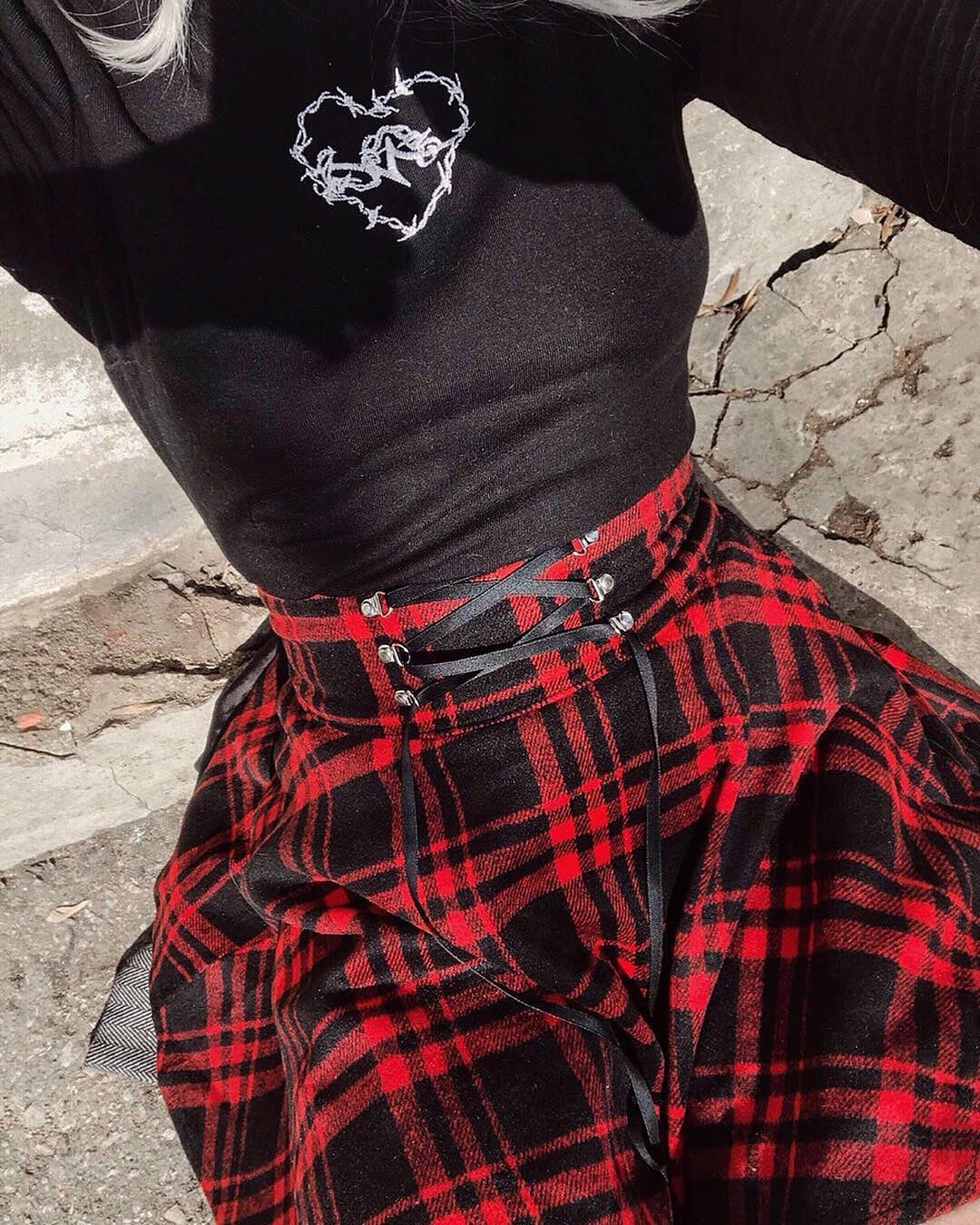 Gothic Harajuku Red Black Lace Up Plaid Skirt