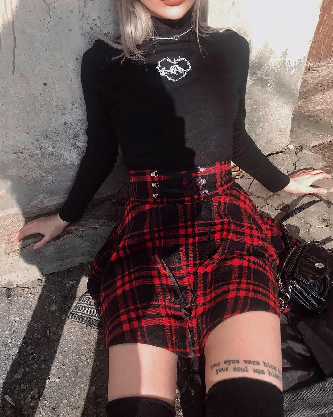 Gothic Harajuku Red Black Lace Up Plaid Skirt