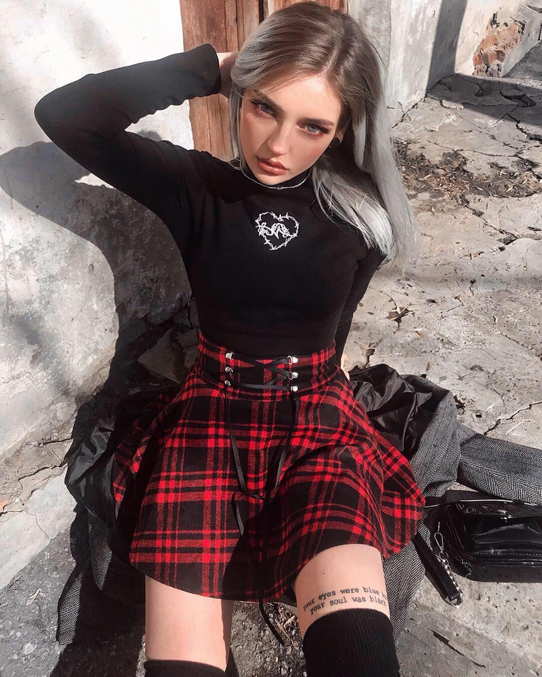 Gothic Harajuku Red Black Lace Up Plaid Skirt