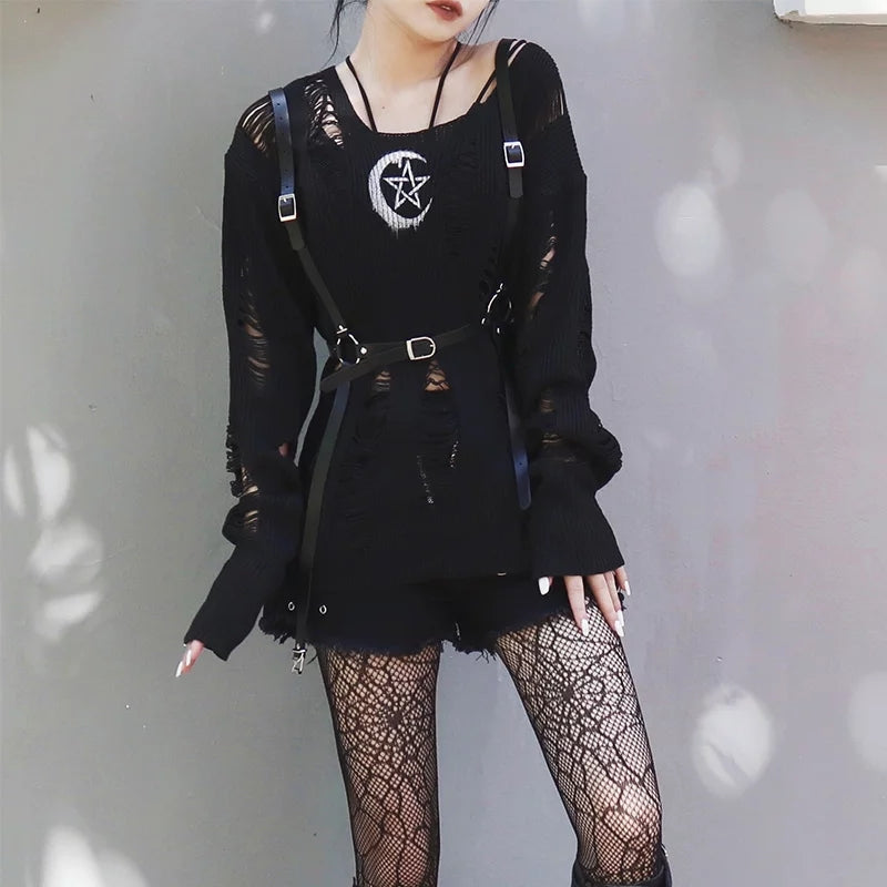 Gothic Moon Star Ripped Knitted Pullover Top