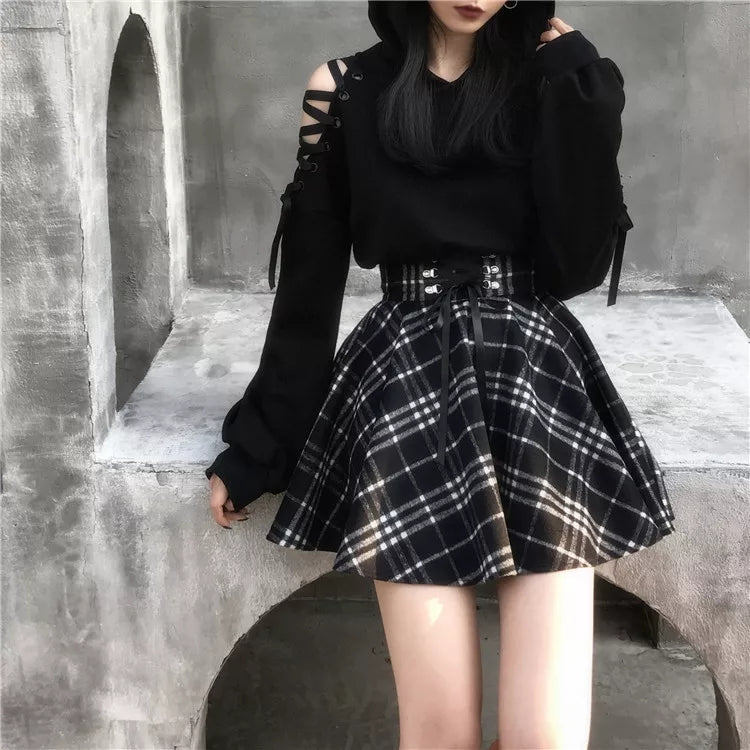 Gothic Harajuku Black White Lace Up Plaid Mini Skirt