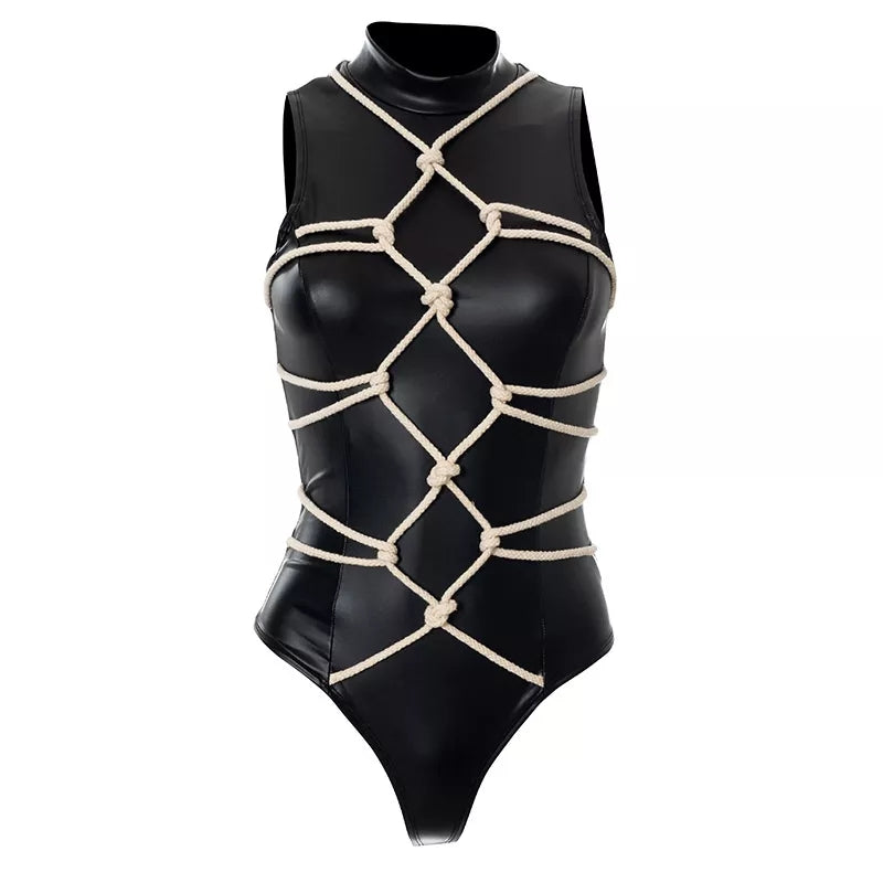 Gothic Shibari Style Rope Patchwork PU Leather Bodysuit Top – ROCK