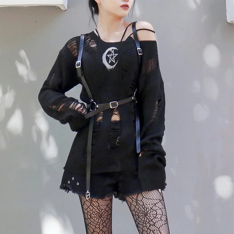 Gothic Moon Star Ripped Knitted Pullover Top